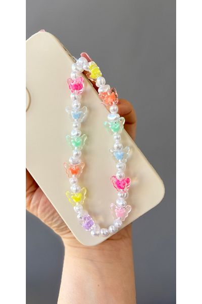 MirazTasarim Mi̇raztesarim Transparent Butterfly and Pearl Beaded Phone Charm Phone Hanger