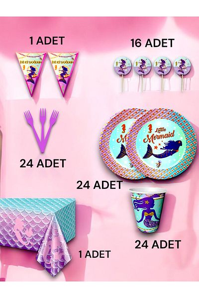 VibeHome Mermaid Themed Premium Set for 24 - Birthday Party and Fun Events