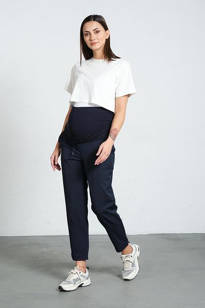 BUSA Maternity Flexible Abdominal Banded Waist Adjustable Leg Buttoned Classic Trousers Navy Blue