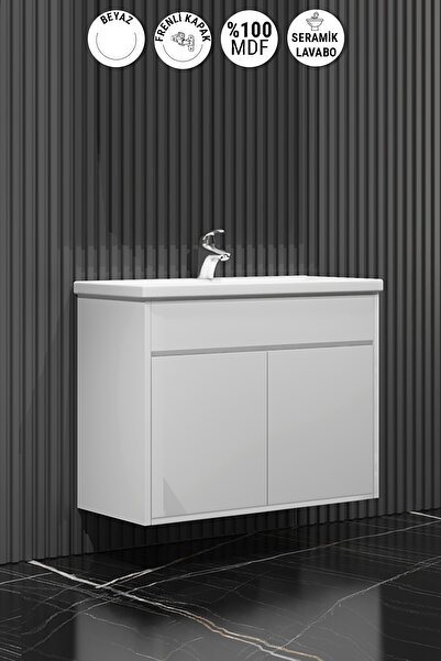 ÖZCEDEN Çiğdem 80 cm Beyaz MDF Seramik Lavabolu Asma Banyo Alt Dolabı