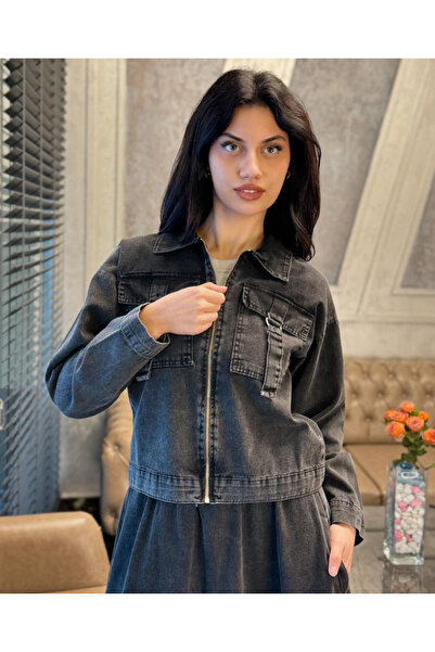 OlaLady Women's Denim Skirt Jacket Set with Pocket Detail