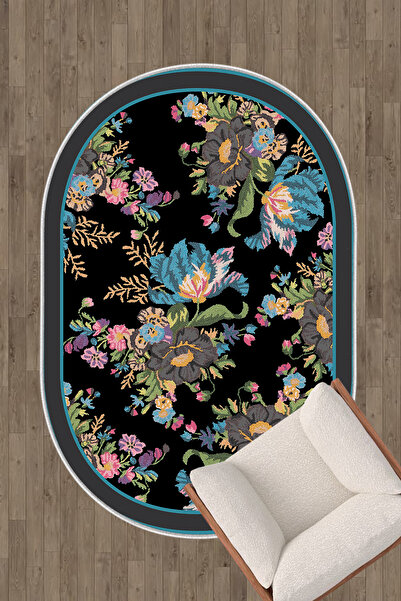 HaLıFoRuM Oval Halı Yolluk Kaymaz Taban Dekoratif Salon Ve Oturma Odası Halısı Yıkanabilir Halı Ovl-04mavi