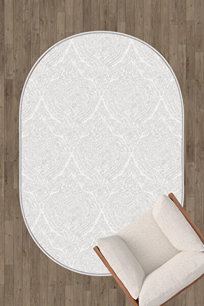 HaLıFoRuM Kaymaz Tabanlı Makinede Yıkanabilir Oval Halı Dekoratif Yolluk Ve Salon Halısı Ovl-12beyaz