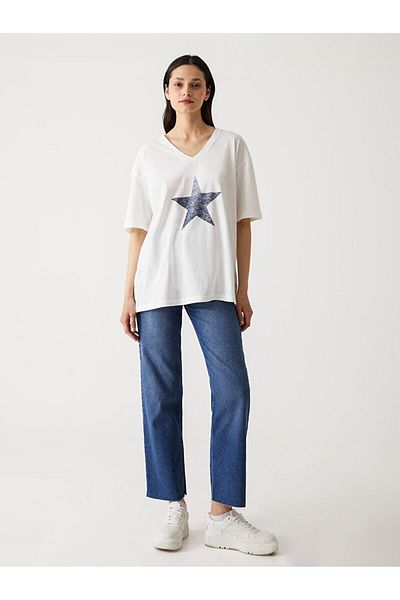 Ltb Tricou alb cu decolteu în V imprimat