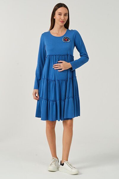 BUSA Hamile Günlük Fırfır Etekli Elbise Mavi