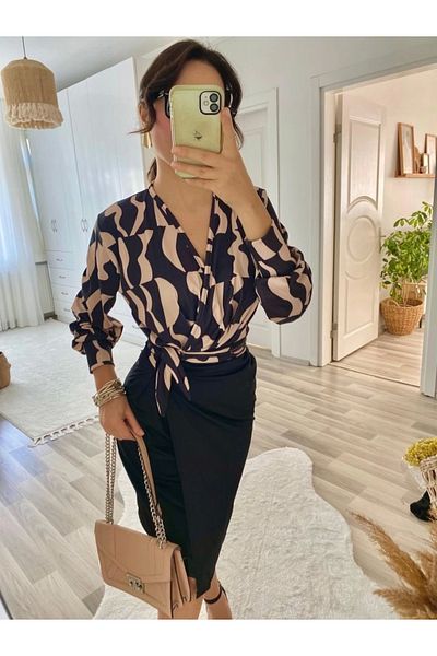 Luna piena store Γυναικείο μακρυμάνικο φόρεμα με διπλό στήθος με ψηφιακή στάμπα με λεπτομέρεια από ύφασμα κατάδυσης