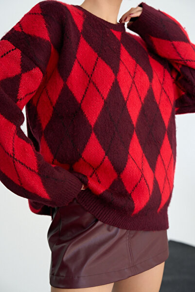 LOOSH Kadın Kırmızı Bisiklet Yaka Baklava Desenli Kazak