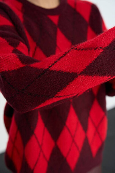 LOOSH Kadın Kırmızı Bisiklet Yaka Baklava Desenli Kazak