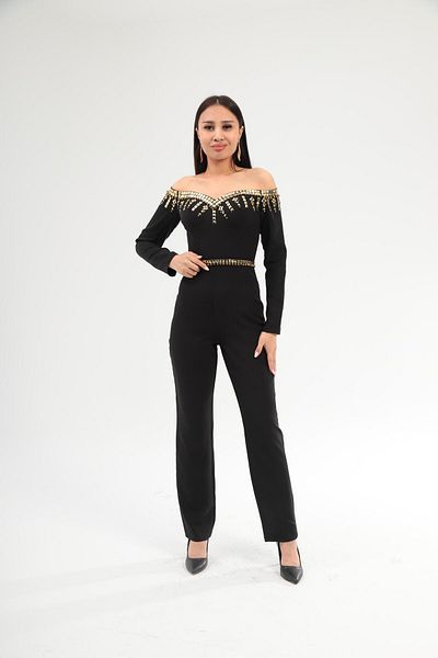 Robes Women's Long Sleeve Stone Printed Strapless Stylish Evening Dress Jumpsuit