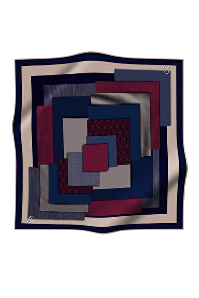 Vissona Geometric Pattern Burgundy and Navy 90X90 Scarf - 100% Twill Silk, Hand Stitched