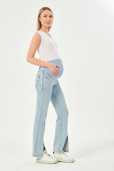 BUSA Maternity Stretchy Tummy Band Adjustable Waist Flared Leg Jeans Trousers Light Blue
