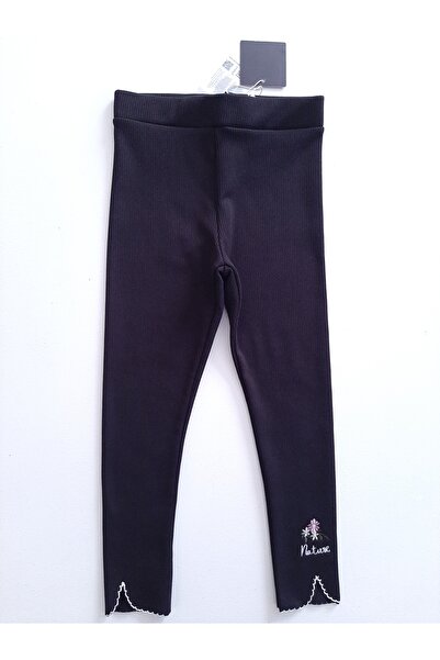 Timi Kids Fitilli Kışlık Kumaş Basic Nakışlı Kız Çocuk Siyah Tayt Pantolon