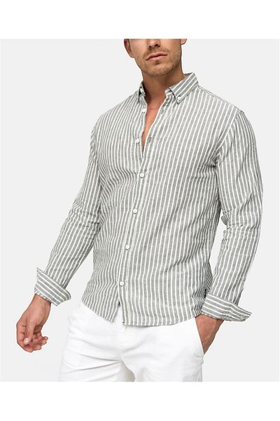 Piola Club Ανδρικό πουκάμισο Khaki Slim Fit - Βαμβακερό λινό ριγέ, γιακάς με κουμπιά