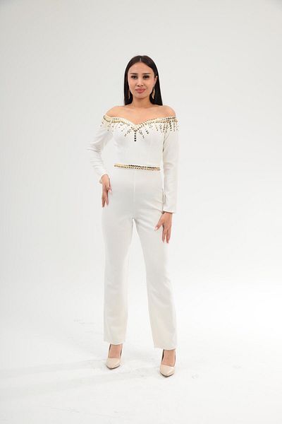 Robes Salopetă de seară șic, fără bretele, cu mânecă lungă, imprimată cu piatră