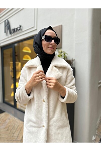 VENO Women's White Genua Fur Coat - Gold Button Detailed and Lined