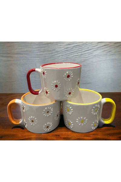 İZart 3-Piece Daisy Patterned Special Embossed Handmade Ceramic Mug