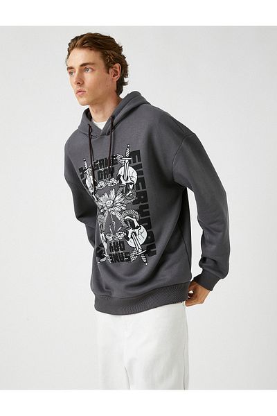 Koton Hooded Oversize Sweatshirt Raised Skull Printed