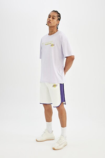 DeFacto DeFactoFit NBA Los Angeles Lakers Oversize Geniş Kalıp Bisiklet Yaka Kısa Kollu Tişört W9804AZ24SM
