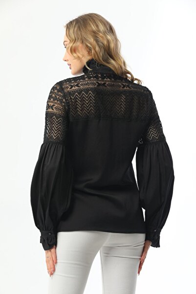 Loom Boutique Büyük Beden Antik Desen Güpür Dantelli Krep Gömlek