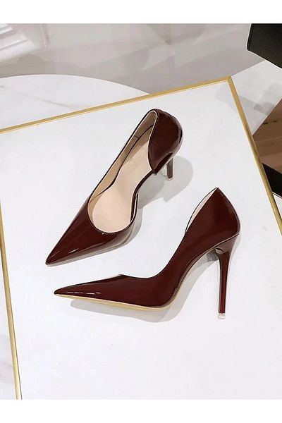 TrendyAnka Women's Burgundy Patent Leather 8cm Thin Transparent Cover Heeled Stiletto Shoes