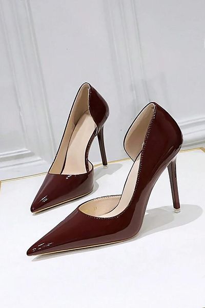 TrendyAnka Women's Burgundy Patent Leather 8cm Thin Transparent Cover Heeled Stiletto Shoes
