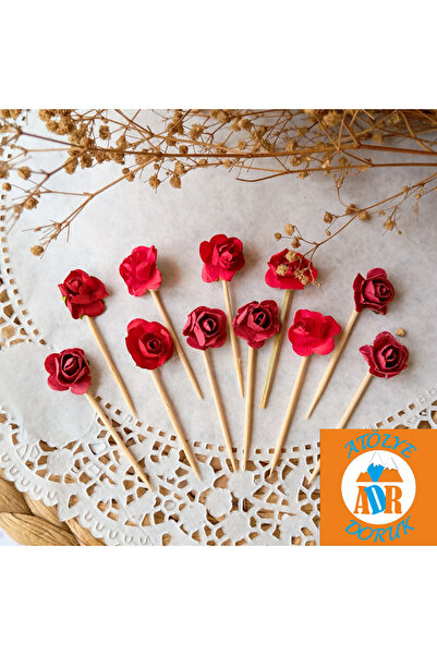 Atölye Doruk 20 ADET Kırmızı Gül Cupcake Kürdanı-Doğum Günü-Söz-Nişan-Kına-Me...