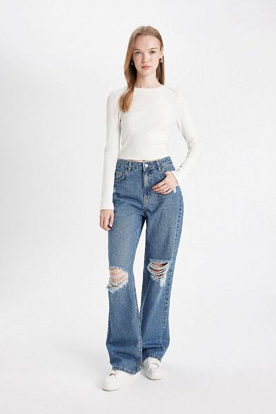 DeFacto Pantaloni de jeans cu talie înaltă din anii 90 cu detaliu rupt - C7322ax24au