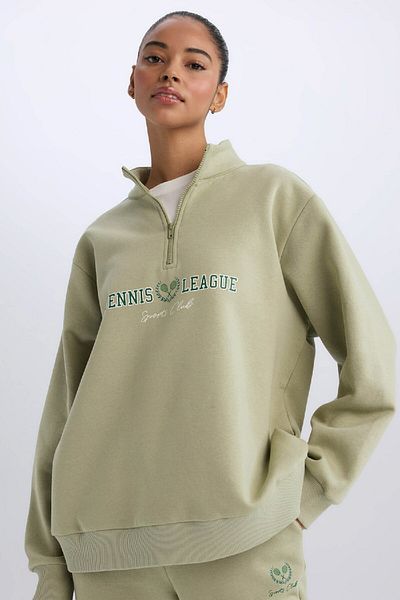 DeFacto Übergroßes, bedrucktes, dickes Sport-Sweatshirt mit Stehkragen und Reißverschluss E5703ax24wn