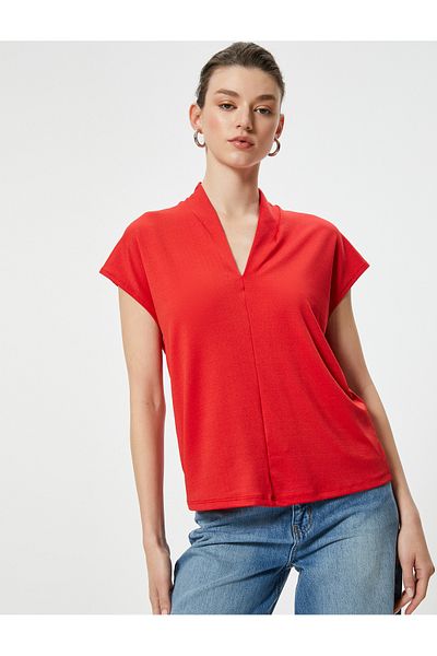 Koton Standing V-Neck Short Sleeve Blouse - Standard Cut