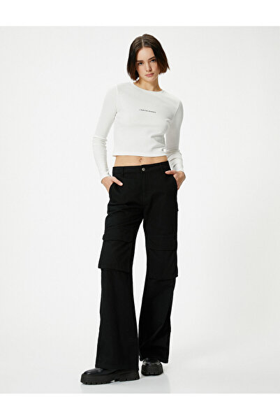 Koton Long Sleeve T-Shirt Crop Ribbed Print Detailed Crew Neck Cotton