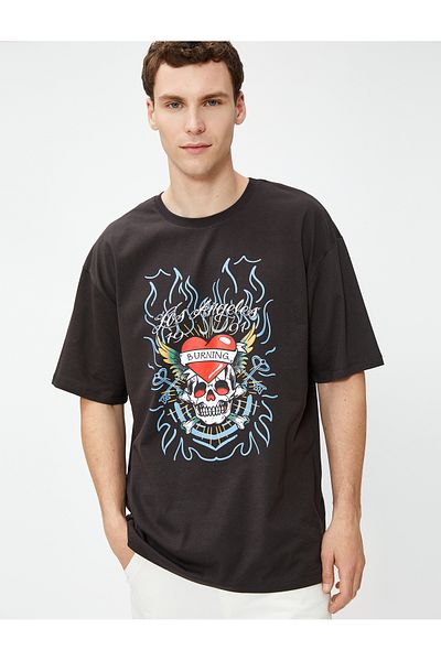 Koton Oversize T-Shirt Skull Printed Crew Neck Cotton