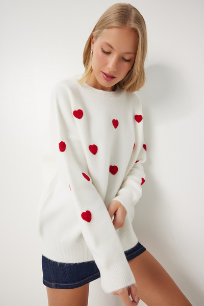 Lovelyİstanbul Ekru Oversize Knitwear Sweater - Heart Textured Lpf0066