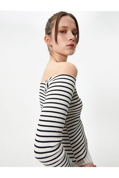 Koton Tricou slim din bumbac cu guler Madonna - cu mânecă lungă cu nervuri