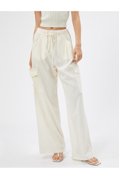 Koton Cargo Kalhoty Lněné Lněné Kapsy s podrobným šněrováním v pase