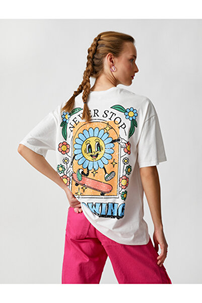 Koton Κοντό μανίκι μπλουζάκι με στάμπα από βαμβακερή λαιμόκοψη