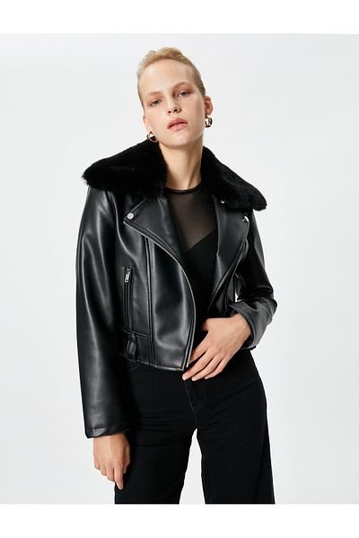 Koton Biker Jacket Faux Leather Zipper Faux Fur Detail