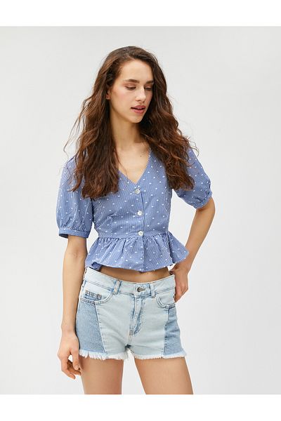 Koton Crop Blouse Balloon Sleeves V-Neck Ruffle Buttons