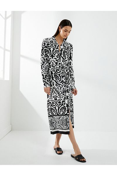 Koton Midi-Hemdkleid aus Viskose mit ethnischem Muster – mit Gürtel, Knöpfen, langen Ärmeln