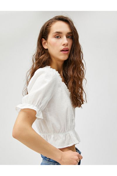 Koton Crop Blouse Balloon Sleeve V-Neck Ruffle Buttoned Cotton
