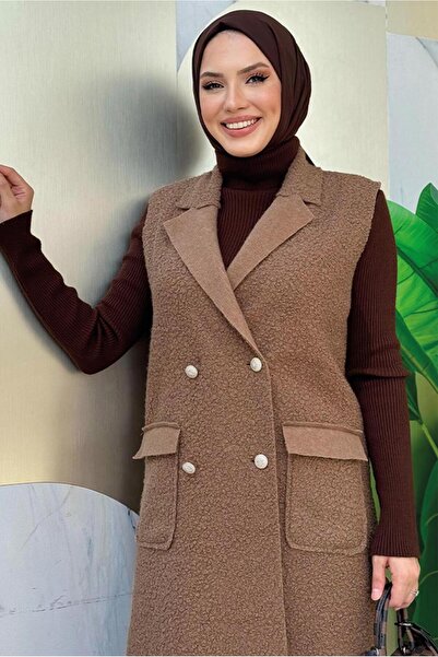 TRENDTESETTÜR Women's Brown Cross Collar Long Vest t 6987