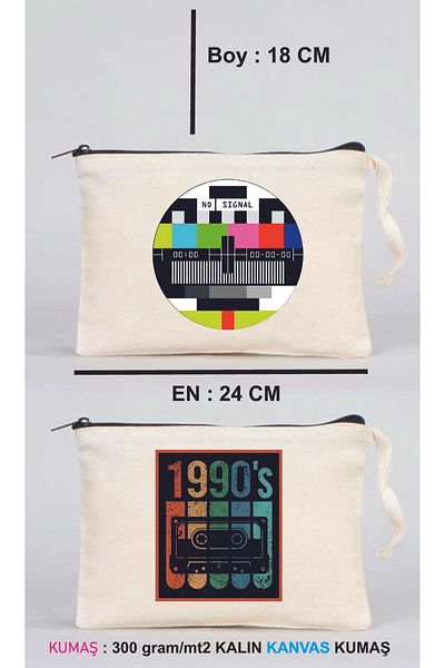 MODA 1Pcs No Signal and 1Pcs 1990's Cassette Printed Canvas Fabric Clutch Makeup Bag