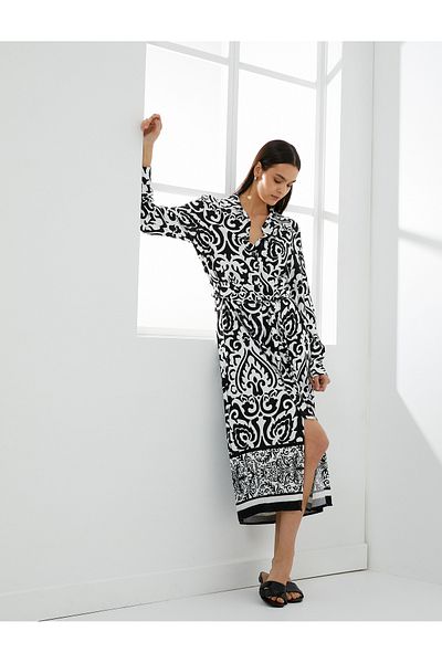 Koton Midi-Hemdkleid aus Viskose mit ethnischem Muster – mit Gürtel, Knöpfen, langen Ärmeln