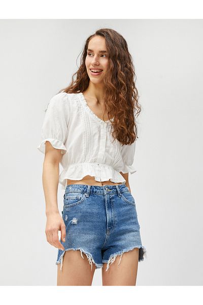 Koton Crop Blouse Balloon Sleeve V-Neck Ruffle Buttoned Cotton