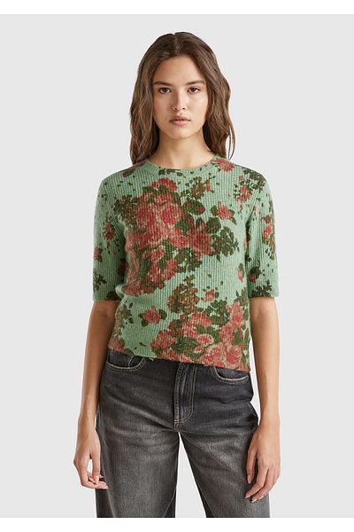 United Colors of Benetton Women's Green Wool Blended All Floral Print Crew Neck Short Sweater