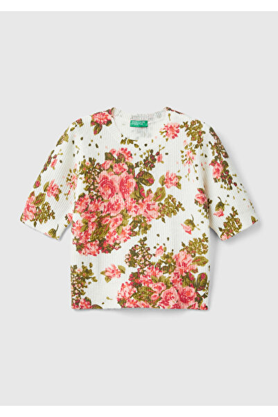 United Colors of Benetton Women's White Wool Blended All Floral Print Crew Neck Short Sweater