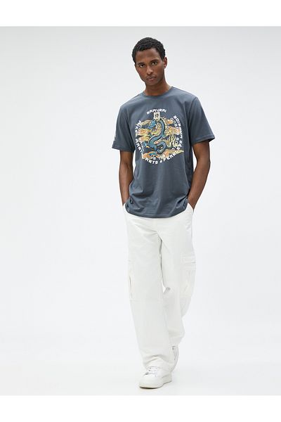 Koton Far East Printed T-Shirt with Back Detail Crew Neck Short Sleeve