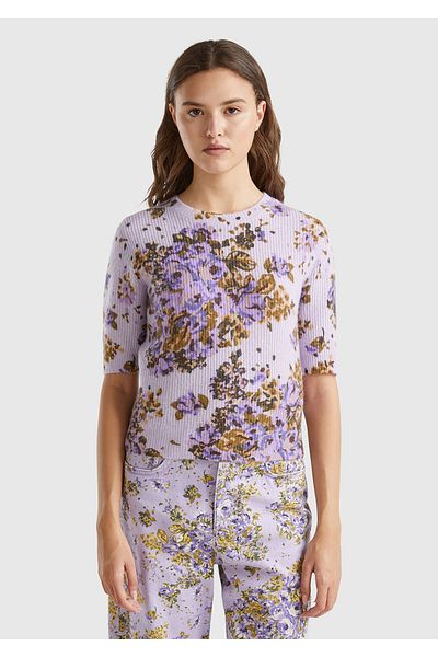 United Colors of Benetton Women's Lilac Wool Blended All Floral Print Crew Neck Short Sweater