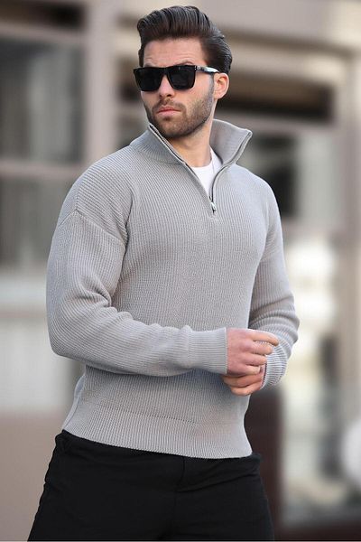 Madmext Gray Zipper Collar Knitwear Men's Sweater E7295