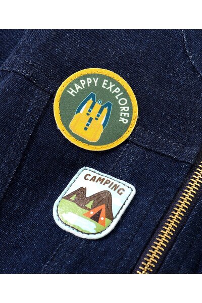 Bonfino Full Sleeves Denim Zipper Jacket With Badges- Navy Blue