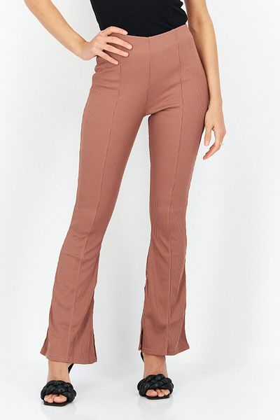 Missyempire Women Ribbed Stretchable Boot Cut Pants, Brown